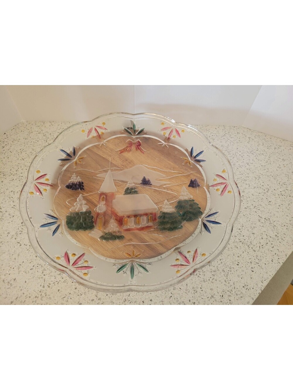 Glass Christmas Serving Platter Winter Church Snow Scene Decorative Holiday